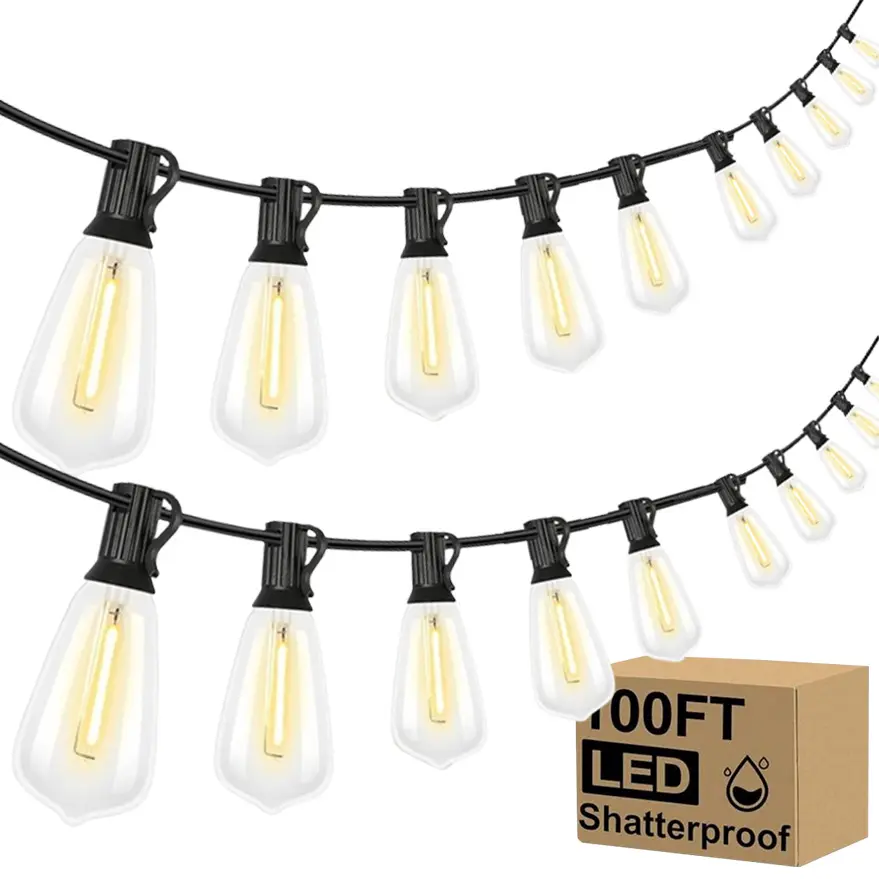 ST38 LED Outdoor String Lights 100FT - 52 Shatterproof Vintage Decorative Led Lighting Bulbs IP44 Waterproof for Party, Patio, Christmas Decor Light Set