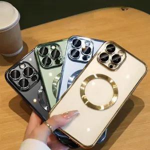 Luxury Plating Transparent Magnetic Wireless Charge Phone Case For iPhone 17 16 15 14 13 12 11 Pro Max Plus Clear Soft TPU Protective Shockproof Cover With Camera Lens Protector Film