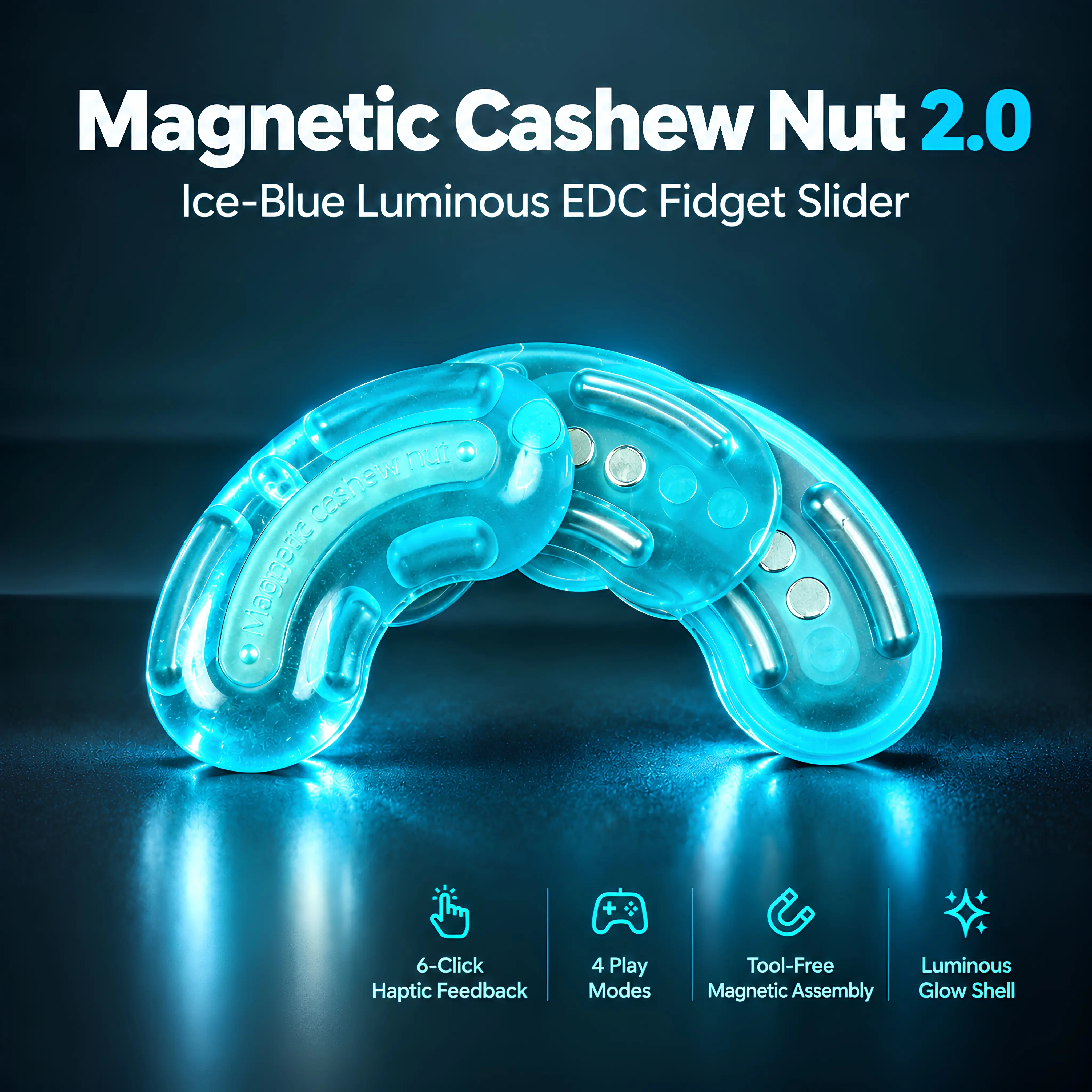 Mr.Gao 2.0 Magnetic Cashew Ice-Blue Luminous Fidget Slider - Magnetic Push Stress Relief EDC Pocket Gadget for Adult Collection (Toys & Hobbies, Classic & Novelty Stress Relief Toys)