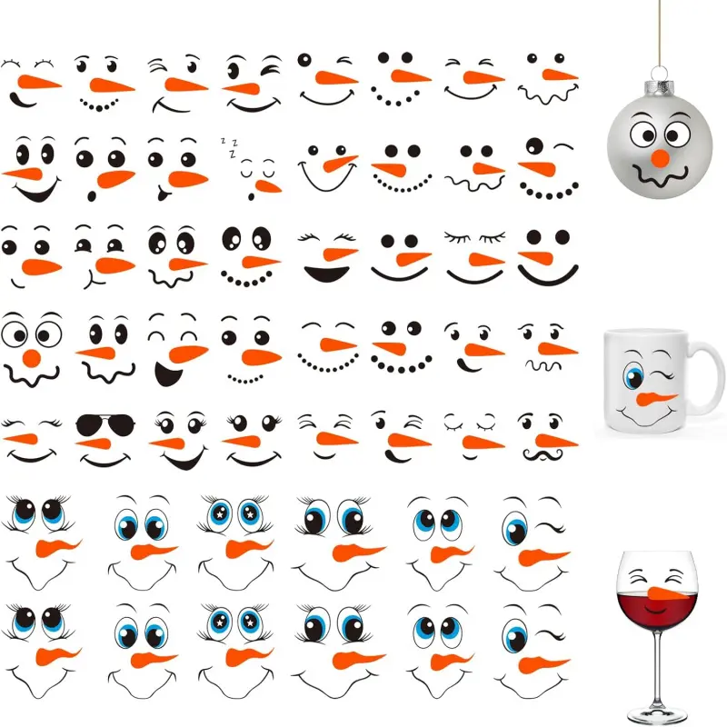 52PCS Snowman Face Stickers for Crafts  Snowman Face Decals for Ornaments Christmas Vinyl Transfer Stickers for Cups Mugs Jars DIY Christmas Face Decals for Holiday Crafts