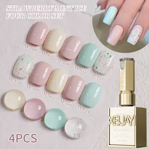 XEIJAYI 4pcs Strawberry Mint Ice Nail Set, Strawberry Mint Ice Nail Gel Sequin Nail Art with Cream Glue Glossy Salon Nail Art Women's Nail Art Tools Nail Lovers Preferred