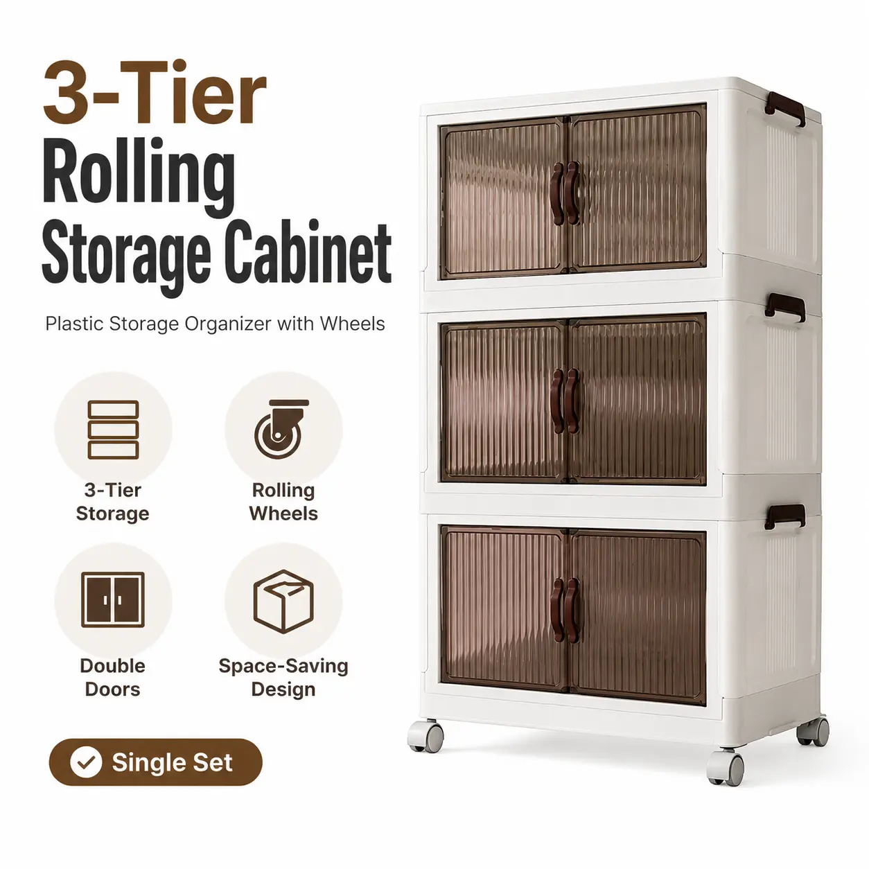 3-Tier Plastic Rolling Storage Cabinet Organizer with Wheels, Durable Lightweight Space-Saving Design, 23.62"x14.96"x9.84" for Kitchens, Bathrooms