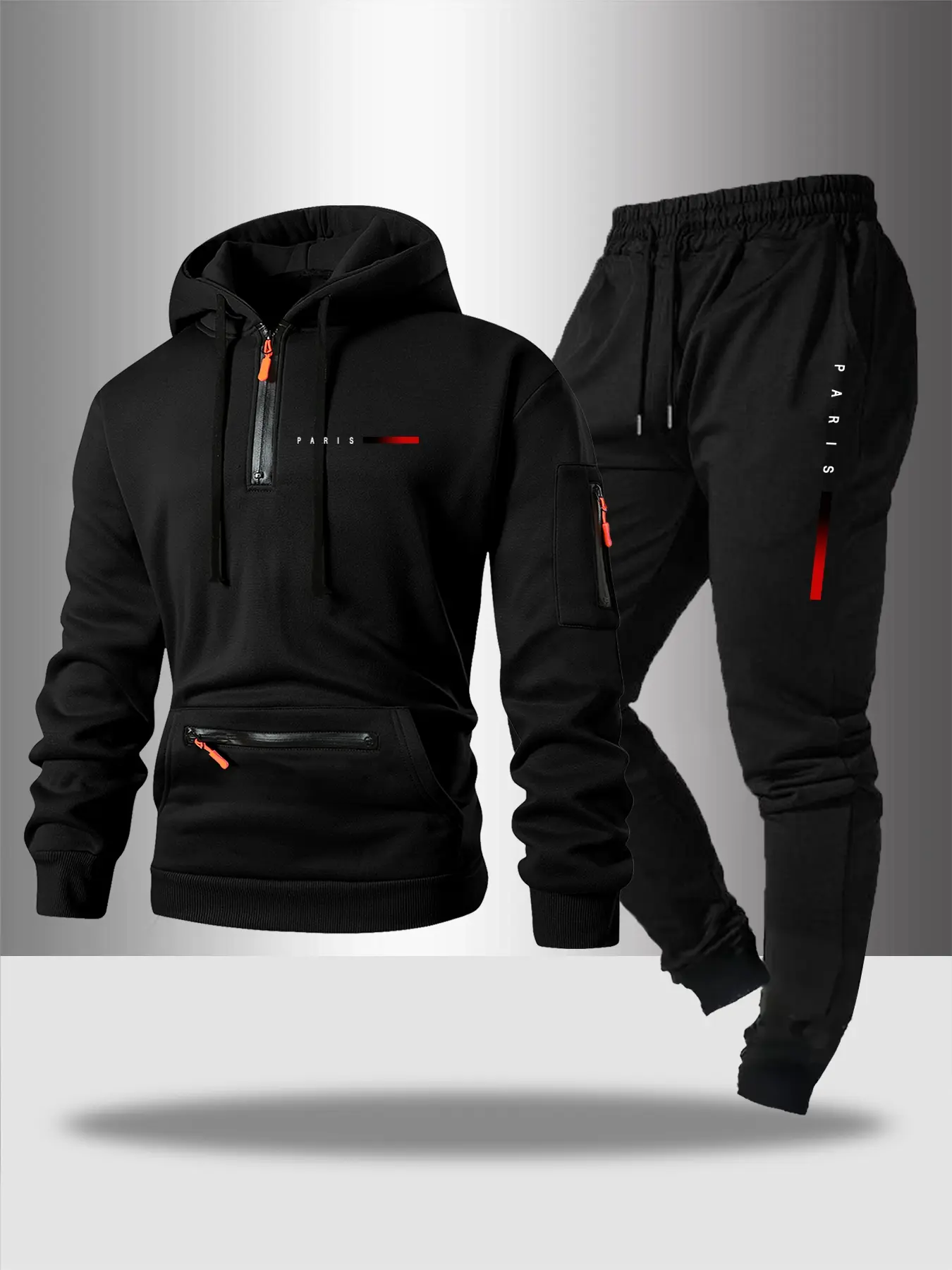 Men's Hooded Sweatshirt Set Outfit with Zipper Pockets, Letter Print, Casual Fitted Design, Fall & Winter Streetwear, Multiple Colors Available
