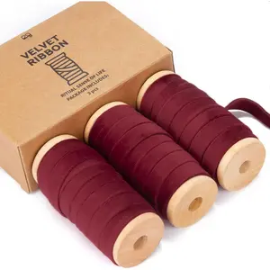 Red  Ribbon Set 3/8" x 15 Yd Burgundy Wooden Spool Fabric Trim 3 Rolls * 5 Yd for Christmas Wreath Decoration  Craft Ornaments  Wrapping & Bow Making