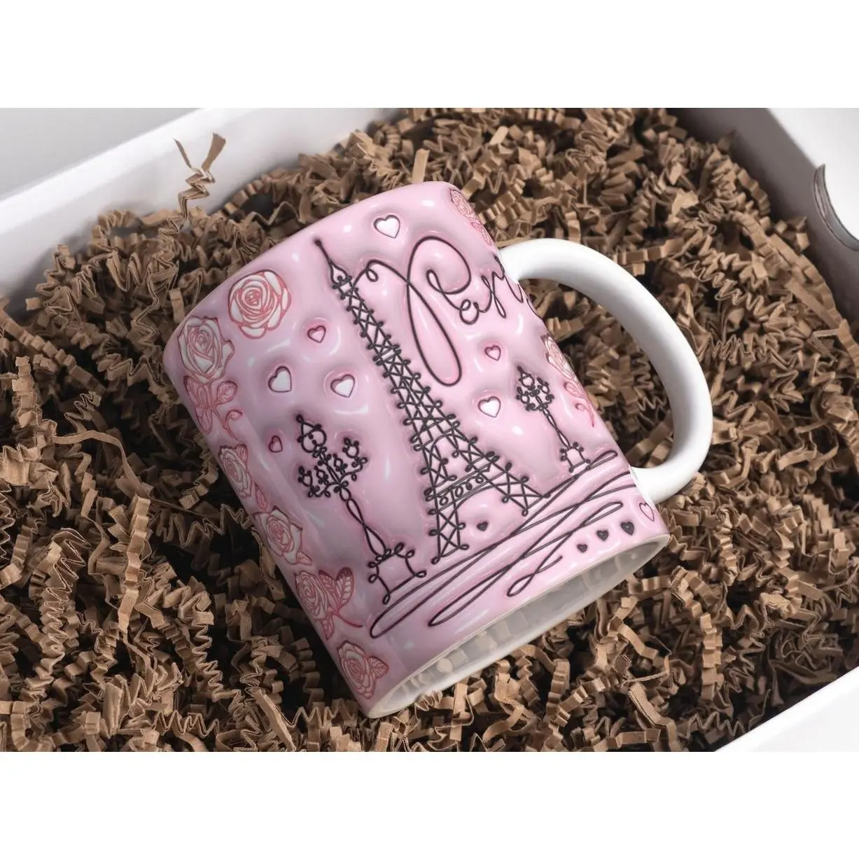 3d Pink Eiffel Tower Inflated Mug Wrap Sublimation Design & , Puffy Mug, Mug Sublimation Design, Mug Template For Sublimation