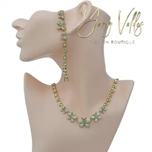 Gold Plated Butterfly Necklace Set 20 Inches & Bracelet 7+1 Inches with Floral Design and Chain Accents