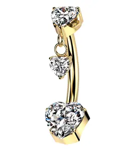 Gold PVD Hearts Dangle Clear CZ Titanium Threadless Belly Button Ring