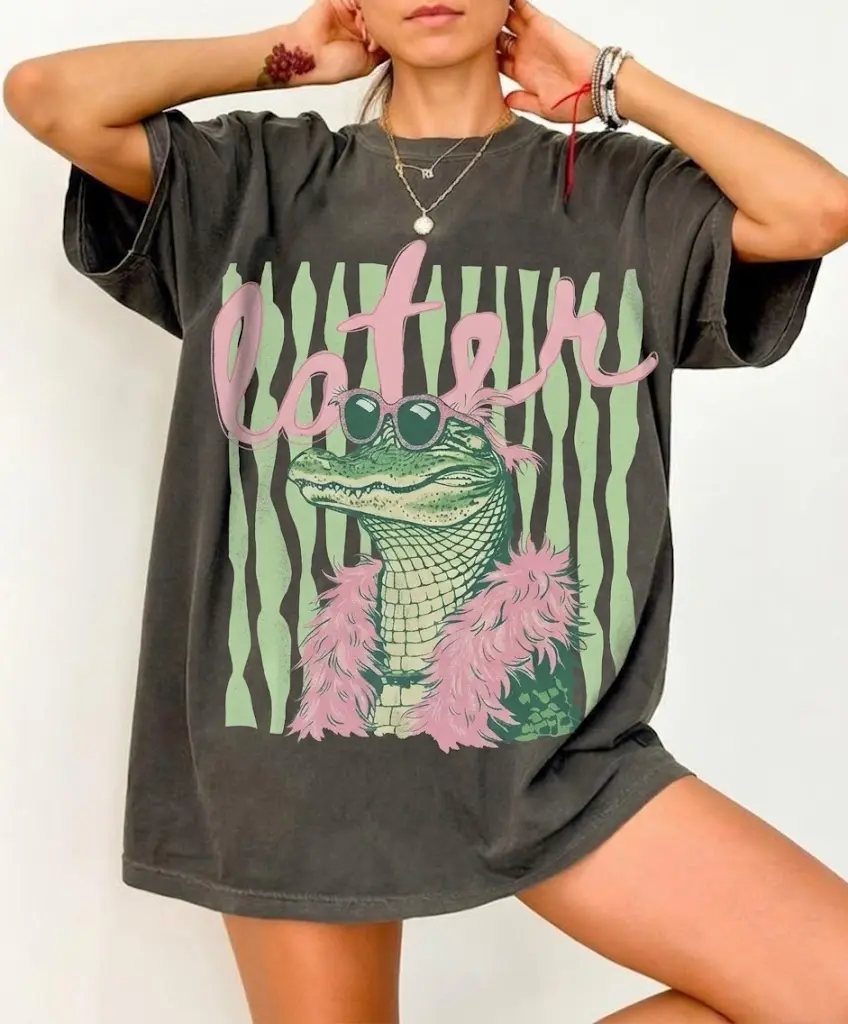 Women's Later Gator Graphic Tee - Fitted Cotton Top with Casual Checkered, Retro Check Style, Festive Check Print, Checkered Cheer, Preppy Coastal Streetwear for Plus-Size Women, Casual Wear, Preppy Graphic Balances Cute and Cool