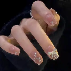 Square Press on Nails Rhinestones Fake Nails Tips Full Cover Nude False Nails for Women and Girls 24PCS