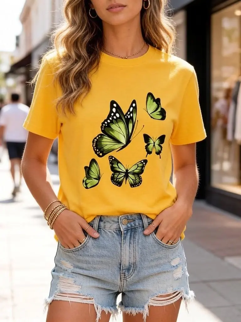 Women's Casual Cropped Butterfly T-Shirt with Round Neck, Vintage Short Sleeve Streetwear Style in Soft Cotton for Layering Outfits, Tshirt, Women's Graphic Tees, Machine Washable, Easy Care, Everyday Fits, Shortsleeve, Fabric, Lady, Heat Transfer