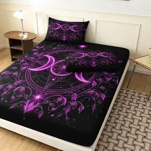 3pcs Set Black Background Purple Triple Moon Pentagram Fitted Sheet, Digital Printed Gothic Celestial Floral Bedding  for Home Bedroom Dormitory and Hotel Use (1 Fitted Sheet + 2 Pillowcases No Comforter No Pillow)