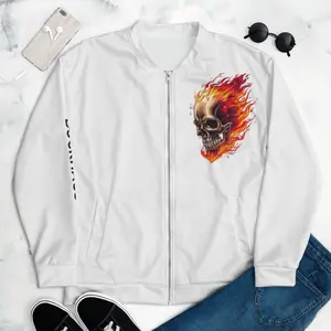 White Flaming Skull Unisex Bomber Jacket with Pockets Casual All-Over Print 100% Polyester Brushed Fleece Inside Relaxed Fit