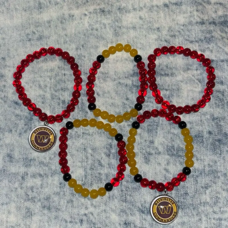 Commanders Team Beaded Bracelet Set with Beads and Pendant, Featuring "W" Logo Design, Red, Yellow, and Black Beads