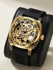 Business Sport Mechanical Watch, Bucket Shape Engraved Hollow Design, Roman Numerals, Silicone Strap, Automatic Movement, Automatic Watches