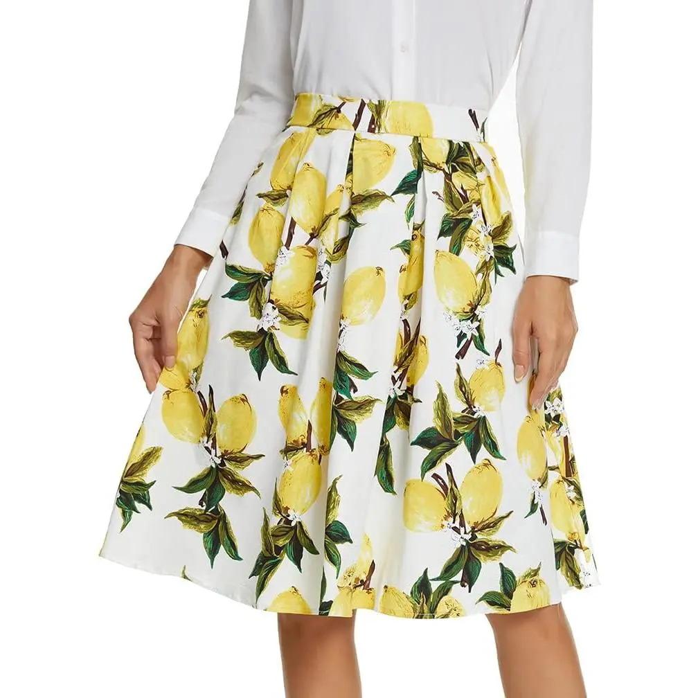 Women's Vintage A-line Printed Pleated Flared Midi Skirt with Pockets