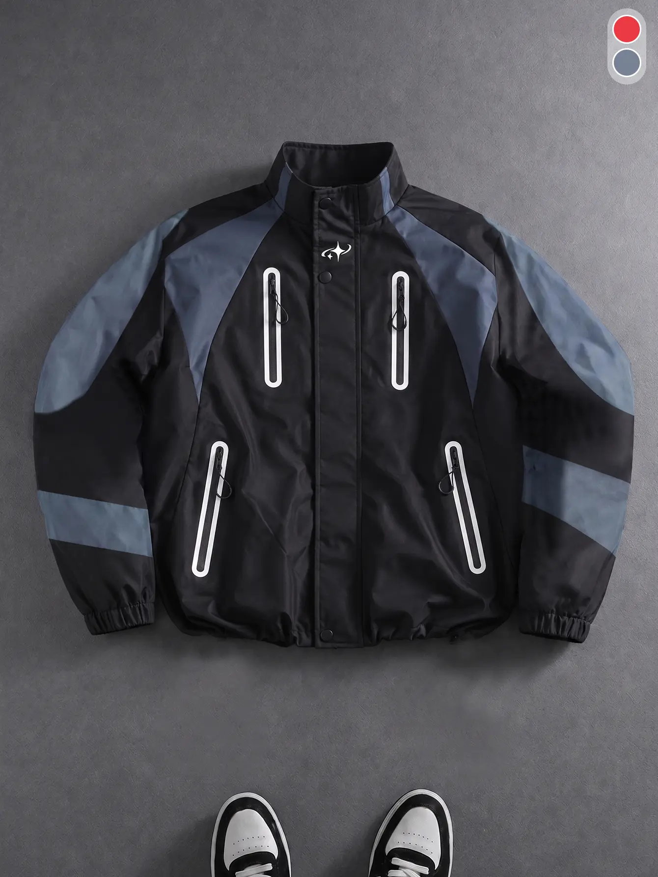Men’s functional color-block stand collar jacket | Multi-pocket outdoor windproof workwear jacket, Y2K high-street cyberpunk patchwork jacket
