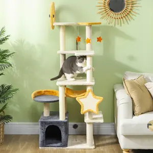 Cat Tower, 63 Inch Tree for Large Adult Indoor Cats with Scratching Post, Hammock, Condo, Bed, Scratching Board & Toys, Moon and Star Themed Cat Tree Tower