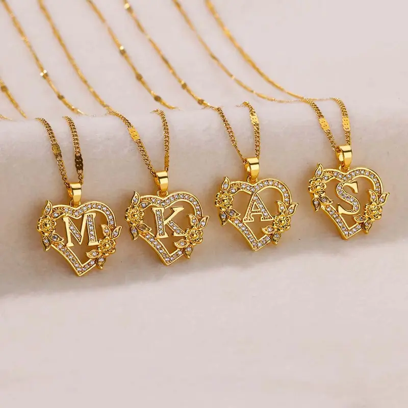 Minimalist Cubic Zirconia Initial Heart Letters Necklace - 26-Letter Hollow Love Flower Pendant Clavicle Chain, Necklaces for Women Ideal for Anniversary Gifting & Casual Wear