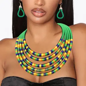 Wosois Multilayered Tribal Choker Necklace Earrings Set Colorful Woven Rope African Necklaces Weave Collar Chunky Statement Necklace Jewelry Sets for Women
