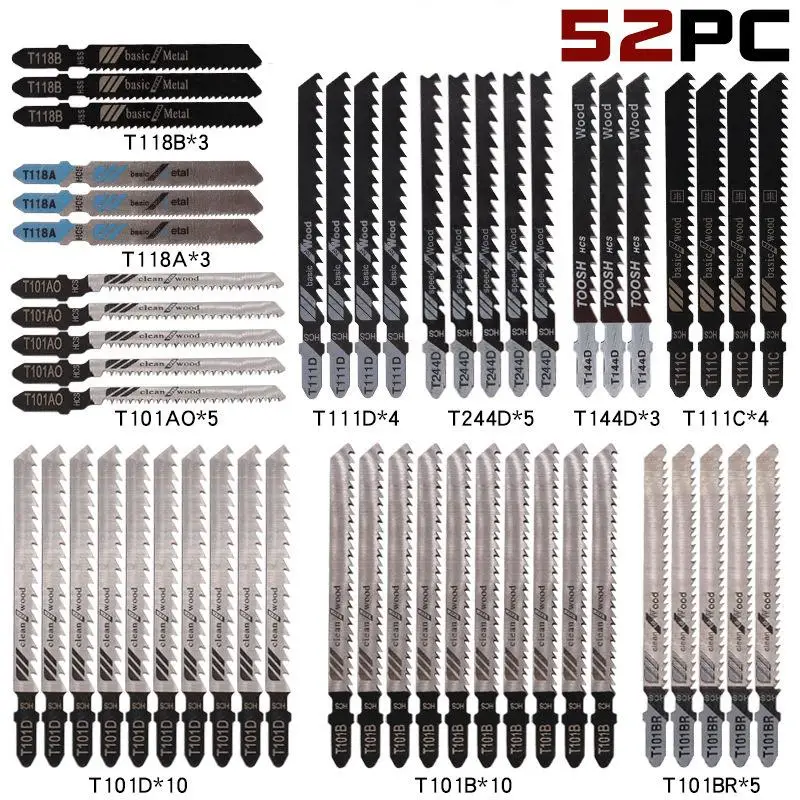 52Pcs Jigsaw Blades Set T-Shank High Carbon Steel Jig Saw Blades for Wood Plastic Metal Cutting Blade for DEWALT/Bosch/Metabo Tool Heavy Duty