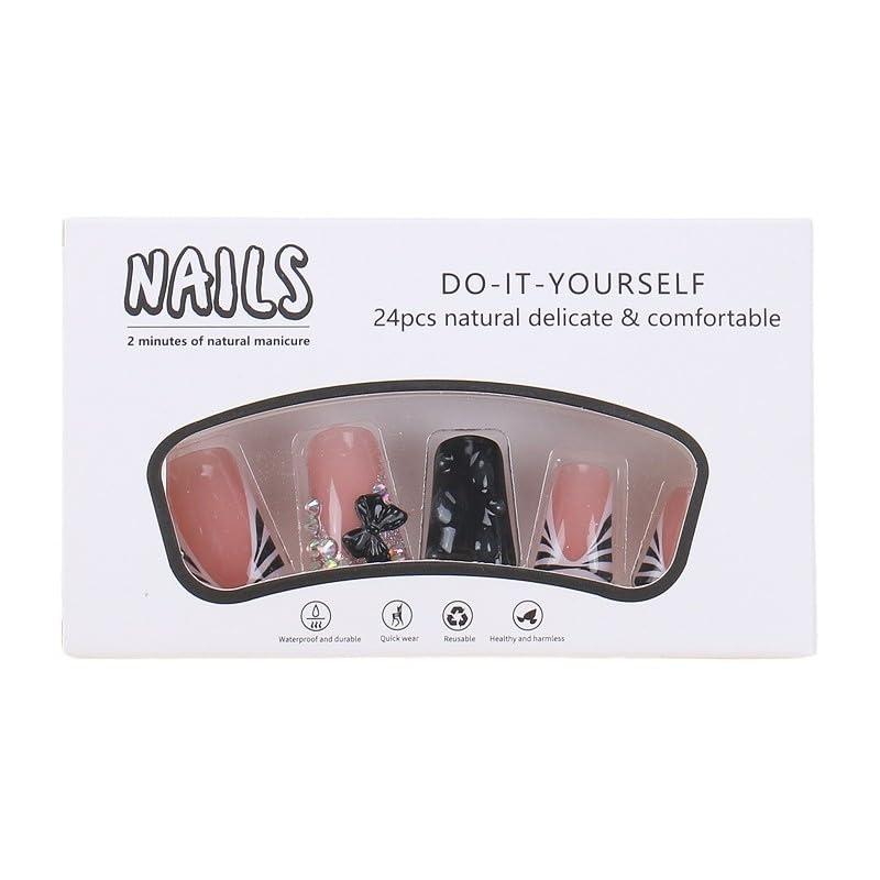 24 Pcs Black Duck Press on Nails Short Square French Tip Fake Nails with Rhinestones & Cute Bow Design, Y2K Acrylic Stick on Nails Kit for Women, Nude Glue on Nails for Nail Art Decoration