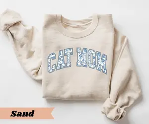 Cat Mom T-Shirt / Sweatshirt & Hoodie, Blue Toile Cat Lover Sweater, Gift for Cat Lovers, New Cat Mom Gift, Gift For Mothers Day, Cat Mama Sweatshirt, Fur Mama Crewneck Clothes