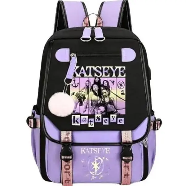 Katseye Merch Backpack for Girls, Kpop Idol School Bag with USB Charging Port & Pom Pom Pendant, Aesthetic Y2K Student Bookbag