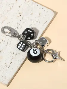 Funky Star Dice Pendant Keychain Men's Punk Style Metal Starburst Keychain Black 8 Ball Star Dice Billiards Keychain, Retro Star Dice Billiards Keychain Ornaments for Car, Backpack, Bag Accessories, Keychain for Bags, Christmas Gift