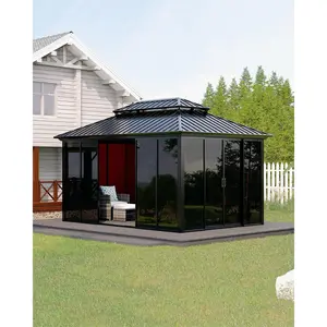 10x14 ft Enclosed Garden Sunroom Gazebo, Hardtop Solarium with Double Polycarbonate Roof & Floor-to-Ceiling Sliding Doors, Durable All-Aluminum Alloy Frame for Backyard, Deck, Patio & Hot Tub Enclosure, Sliding Door, Rectangular, Double Layer
