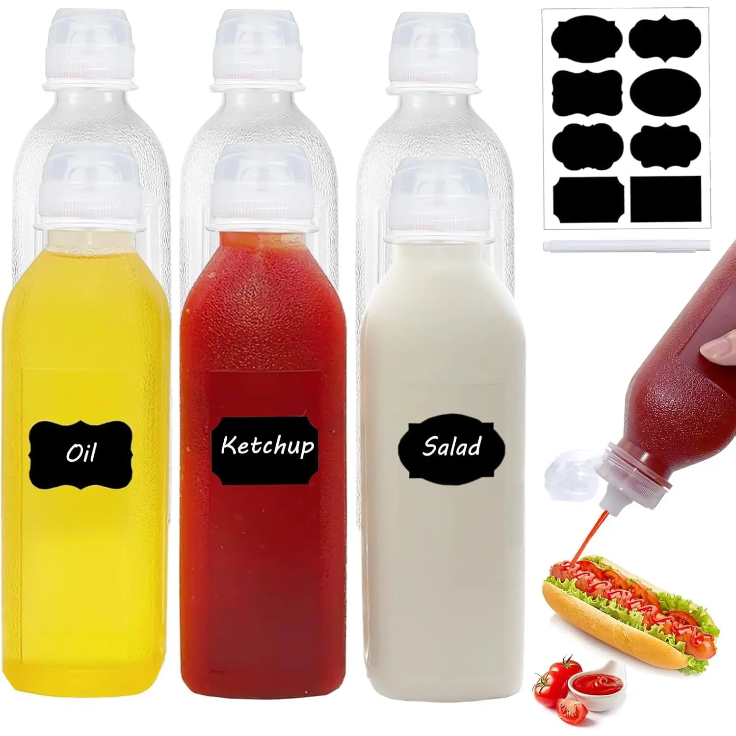 6 Pack Condiment Squeeze Bottles 17oz Squeeze Bottles for Sauces, Ketchup Salad Dressing Container, Plastic Bottles with Squeeze Top for Liquids, BBQ Sauce Kitchenware - Home Improvement.