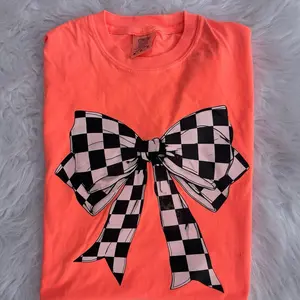 Checkered Coquette Neon Tees - Womenswear Top with Bows in Black and White Checkered Pattern
