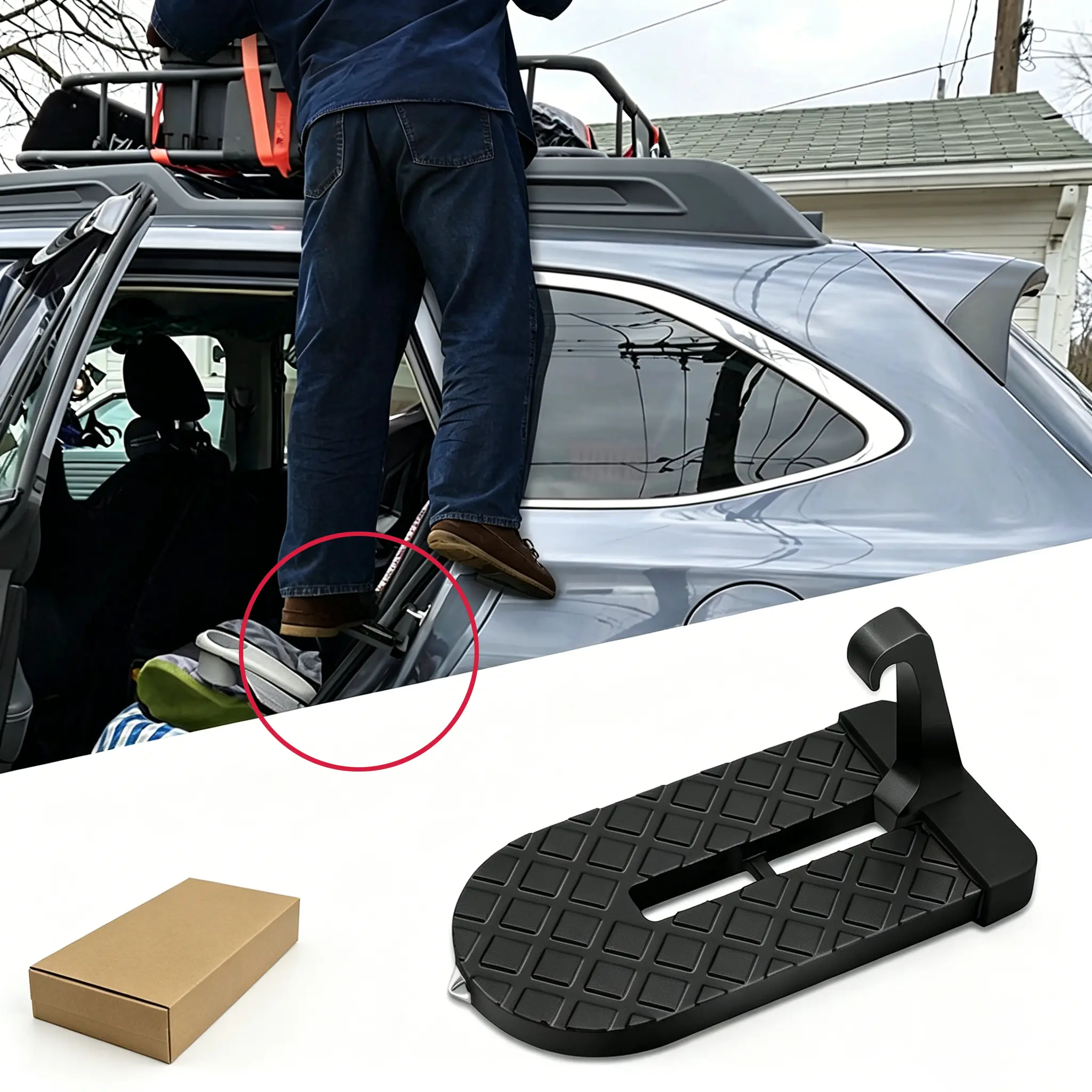 Heavy-Duty Car Door Step with Emergency Window Breaker, Hook-On Pedal, Quick Attach, Anti-Slip Roof Access Assist Pedal for Roof Racks, Portable Automotive Step with Compact Storage