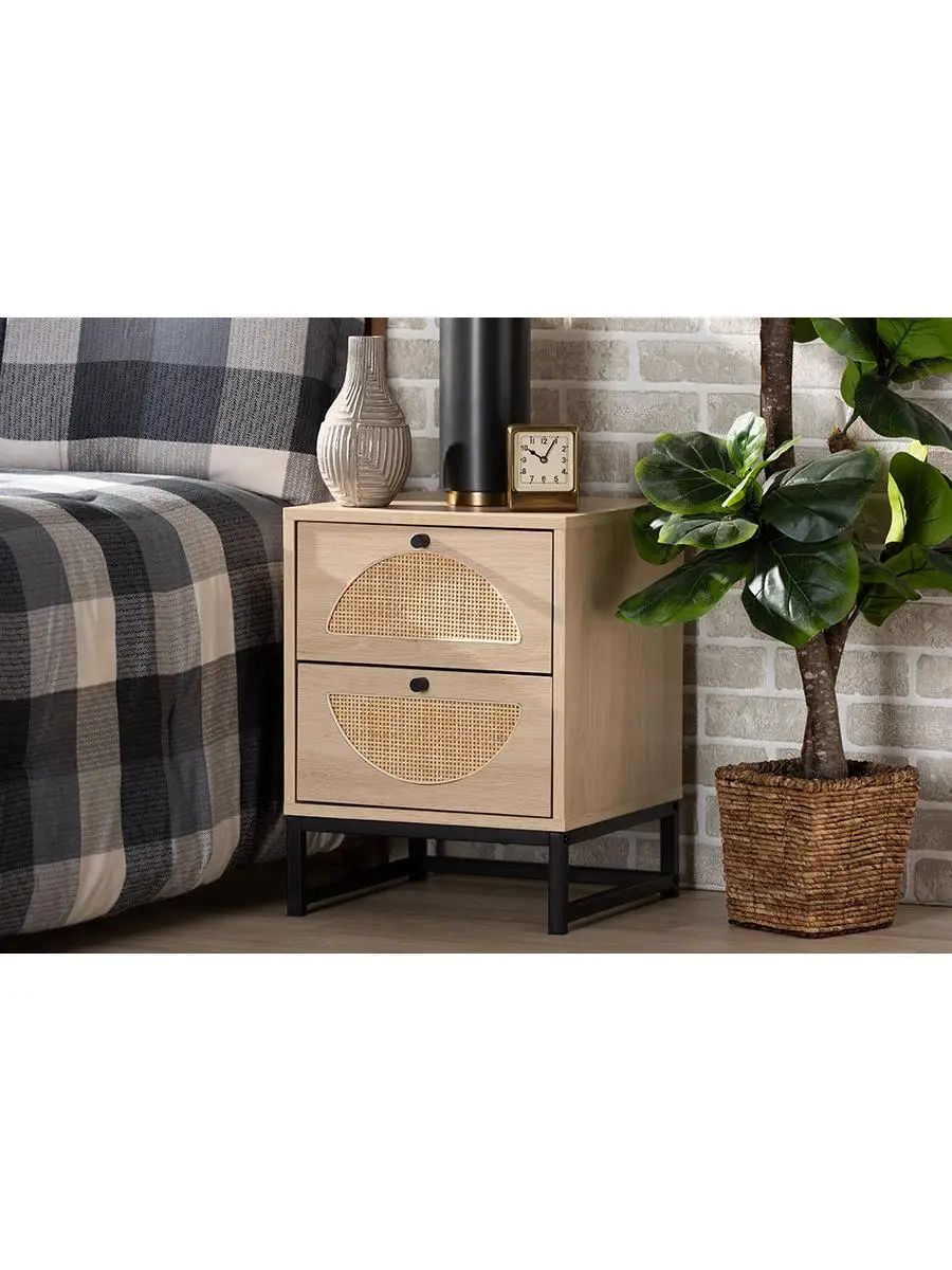 Baxton Studio MUS-005 Boho Retro 2-Drawer Rattan Nightstand - Modern Wood Table for Bedroom, Natural Fiber, Natural-Black Rattan, Light Brown Wood Finish, Black Metal Frame, Square & Round Accents, Assembly Required