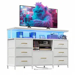 LED Dresser TV Stand with Power Outlets, Entertainment Center for Bedroom Living Room, TV Console for Up to 55" TV, 7 Fabric Drawers & Wooden Open Shelves, Multi‑Purpose Storage Cabinet for Home Room Decor