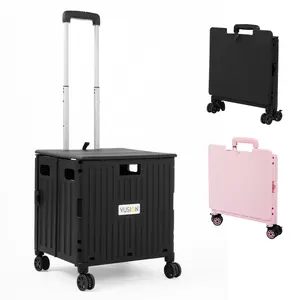 VUSIGN Folding Utility Cart, Foldable Rolling Crate Handcart with Lid, Portable Collapsible Shopping Trolley Box, 4 Rotate Wheels for Grocery, Office, Travel, Teacher, Luggage, Black