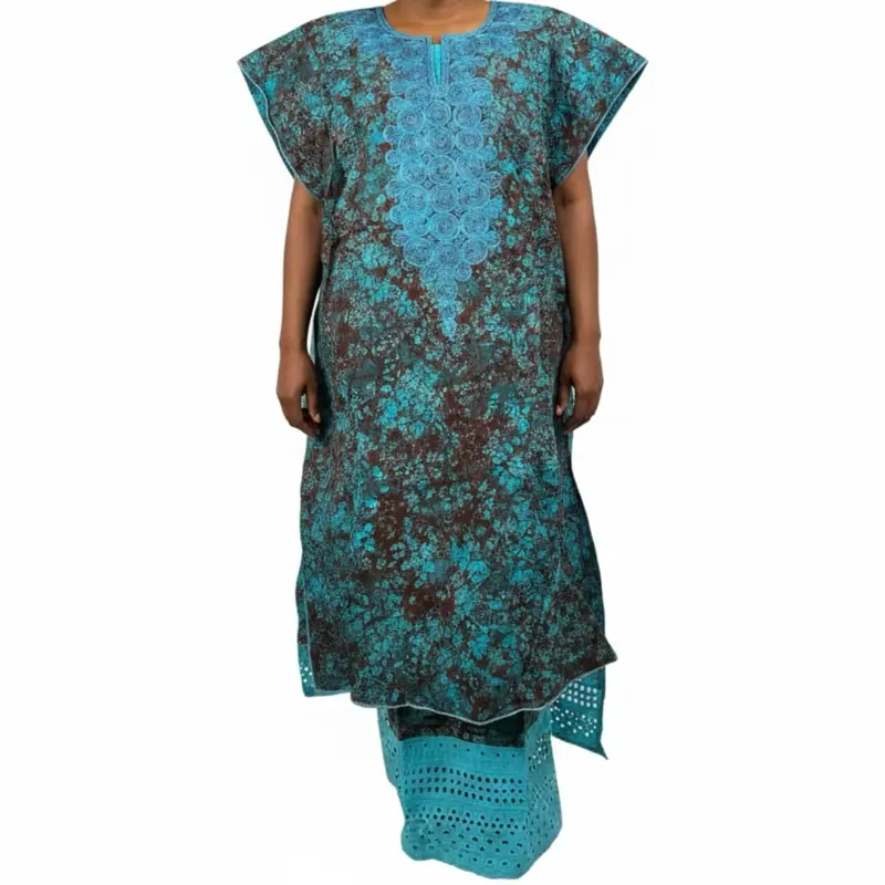 Women's Islamic Modest 2-Piece Kaftan Dress Set - Loose All Over Print Danshiki Style with Turban, Casual Wear, Versatile and Comfortable Traditional Elegant Clothes, Turquoise (S-M)