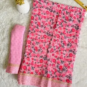 INDIAN DESIGNER GEORGETTE FLORAL PRINTED LACE WORK SAREE WITH UNSTITCHED BLOUSE