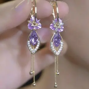2026 Korean and Japanese Style Purple Zircon Flower High-End Tassel Earrings, Light Luxury Fashion Versatile Ear Accessories E50127-EH