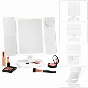 3-color LED lighting makeup mirror, detachable and foldable in three directions, rechargeable, equipped with 2x, 3x and 10x magnifying mirrors, with touch light control, suitable for travel and bedroom use in bathrooms.