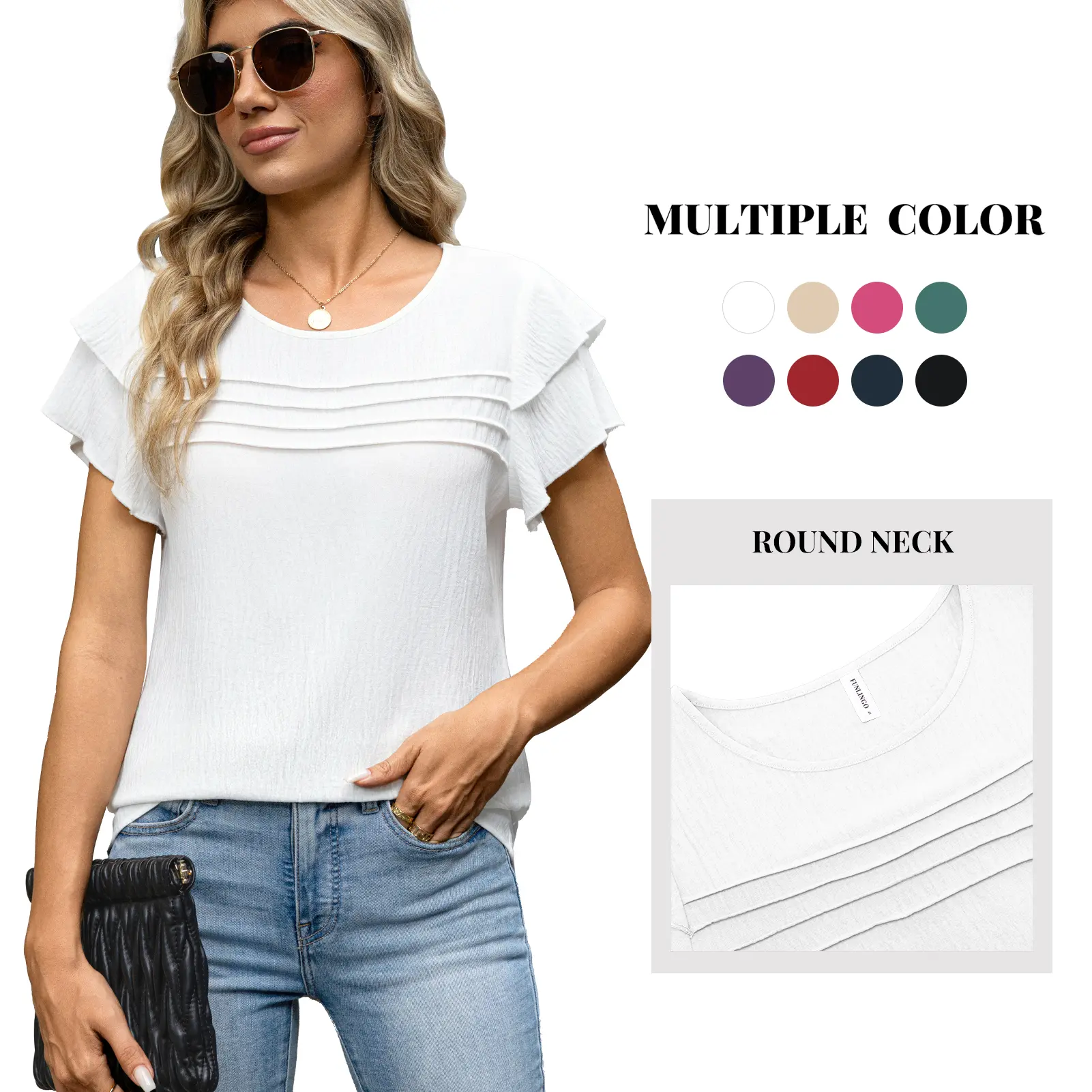 Funlingo Women's Dressy Casual Blouse - 2026 Summer Minimalist Short-Sleeve Crew Neck, Pleated Front Ruffled Basic Top, Lightweight Single Piece, Breathable Comfortable Outdoor Wear, One Piece