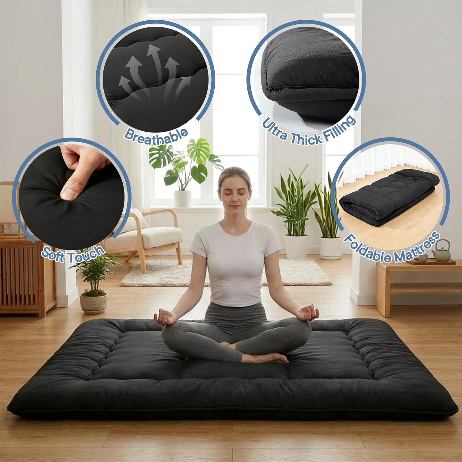 3 Inch Twin Futon Floor Mattress, Foldable Japanese Tatami Bed with Washable Cover, Roll Up Portable Guest Bed (Twin/Full/Queen, Black/Grey) #FloorMattress 3 Inch Twin Futon Floor Mattress, Foldable Japanese Tatami Bed with Washable Cover, Roll Up Portable Guest Bed (Twin/Full/Queen, Black/Grey) #FloorMattress