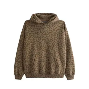 Unisex Leopard Hoodie VM 1087403 - Comfortable Mixed Casual Sweatshirt with Front Pocket Loose Fit for Skateboarding Travel Autumn Winter Fashion Dark Brown Cotton Blend Knitting Tops Polyester