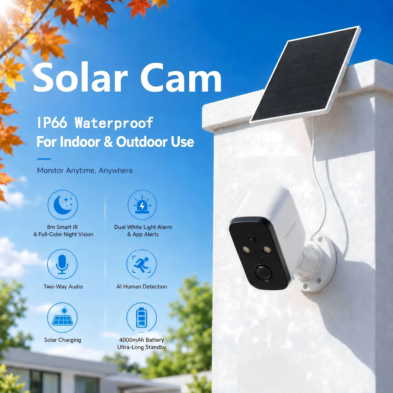 1PC Solar-powered Outdoor Wireless HD Security Camera, 720P HD , IP66 Waterproof , AI Human-shaped Motion Detection ， Two-way Audio , Cloud Storage Supported, Night Vision