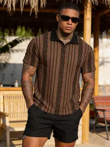 Men's Knitted Jacquard Striped Geometric Stretch Polo Shirt, Short Sleeve Sporty Casual Breathable Top, Soft Golf & Tennis Daily Wear, Comfortable Sports Apparel, Menswear