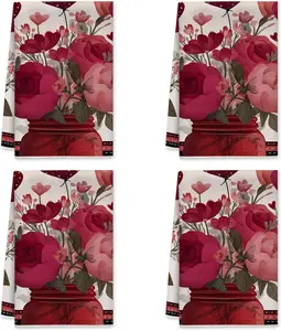 Rose Kitchen Towels Set of 4, Romantic Vintage Flower Heart Valentine Red Absorbent Soft Bar Towels Festive Home Decor 16x24 Inch Floral Cleaning