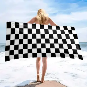Thick Fluffy Cotton Chessboard Print Beach Towel - Super Absorbent, Resistant Microfiber Mat, Reusable Hand Bath Towel for Travel, Pool