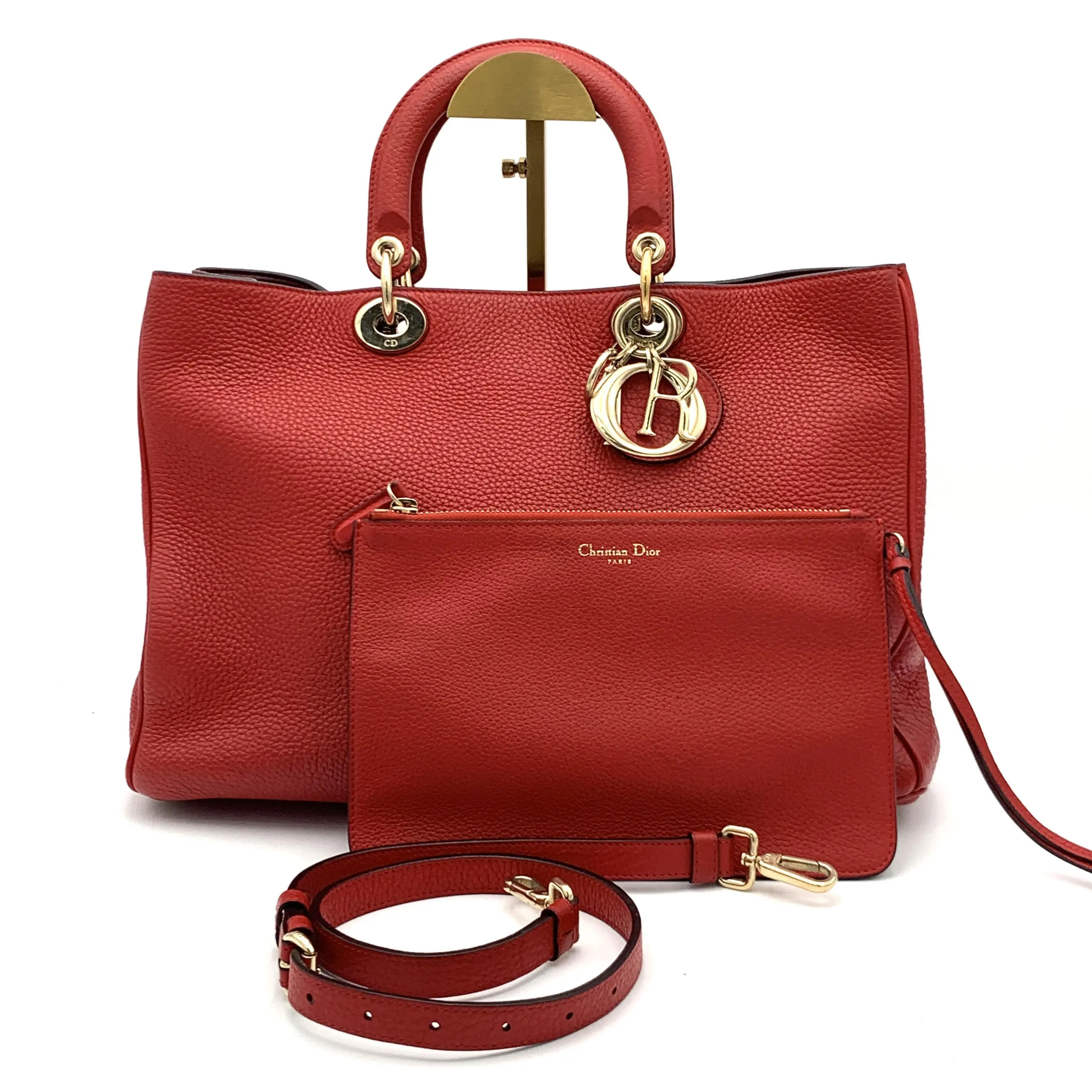 Pre-owned Dior Pebbled Leather Tote Diorissimo Medium Red #3763