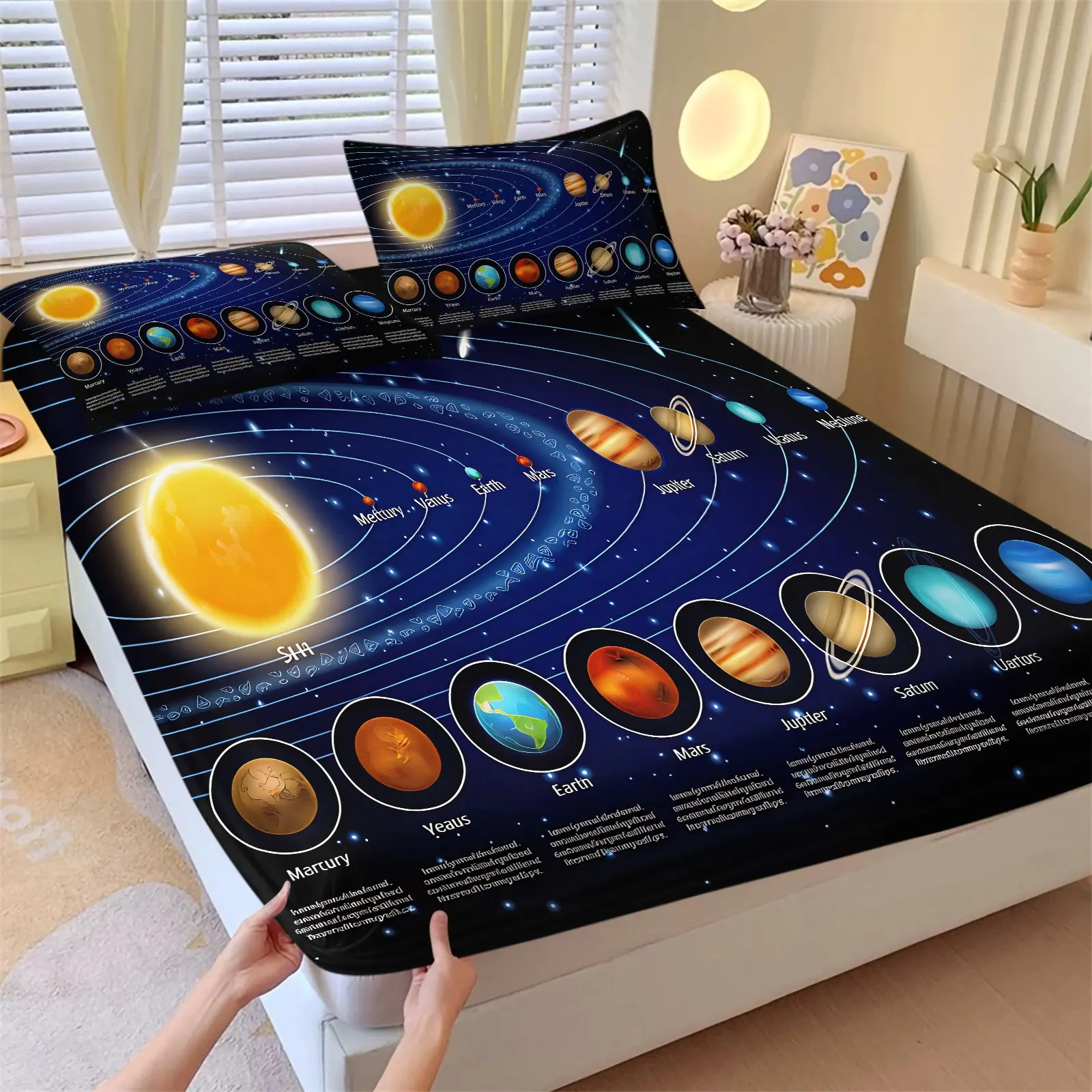3-Pcs Fitted Sheet Set, Solar System Planet Print Bed Sheet Set, Space Astronomy Style, Soft Microfiber Breathable, Deep Pocket, Wrinkle & Fade Resistant, Perfect for Bedroom, Dorm, Kids Room & Space Lover Gift, Comfy Bed Sets, Printed Bedding Set