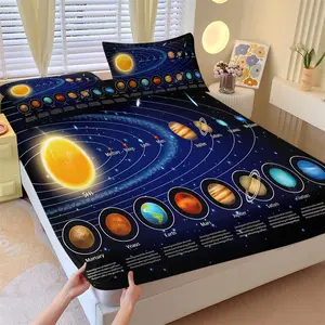 3-Pcs Fitted Sheet Set, Solar System Planet Print Bed Sheet Set, Space Astronomy Style, Soft Microfiber Breathable, Deep Pocket, Wrinkle & Fade Resistant, Perfect for Bedroom, Dorm, Kids Room & Space Lover Gift