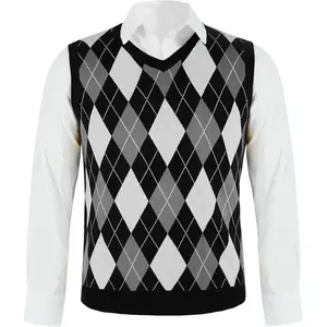 Mens Argyle Sweater Vests Rhombus Sleeveless V-Neck Knit Pullover Vest
